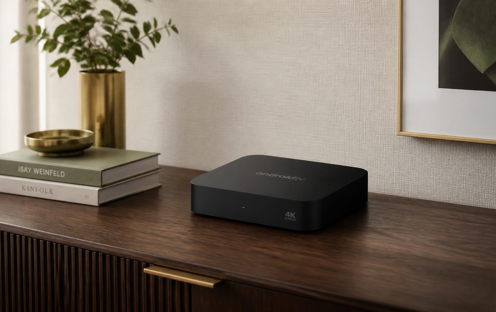 Matte black Android TV box resting on a walnut sideboard